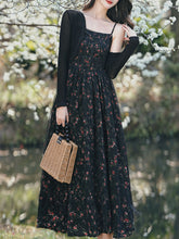 Load image into Gallery viewer, 2PS Vintage Black Floral Chiffon Maxi Dress with Black Cardigan