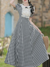 Load image into Gallery viewer, Black and White Plaid Lace Peter Pan Collar 1950s Vintage Dress