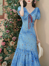 Load image into Gallery viewer, Blue Starry Night Sky Tie Dye V Neck Puff Sleeve Vintage Dress