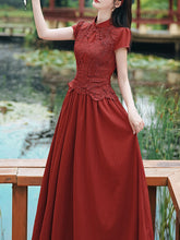 Load image into Gallery viewer, Red Cheongsam Cap Sleeve Lace Vintage Dress