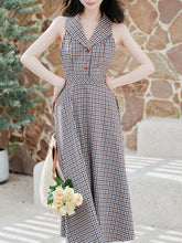 Load image into Gallery viewer, Grey V Neck Plaid Vintage Dress