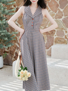 Grey V Neck Plaid Vintage Dress