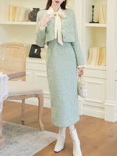 Load image into Gallery viewer, Vintage 1940s Mint Green Tweed Skirt Suit Set Bow Collar &amp; Matching Jacket
