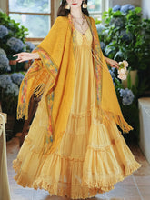 Load image into Gallery viewer, 2PS Yellow Bohemian Maxi Dress Set with Detachable Cardigan