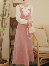 Load image into Gallery viewer, Pink Tweed Fake Two-Piece Dress with Ruffle Collar Vintage Dress