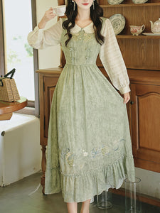 Green Peter Pan Collar  Luxurious Embroidered Long Sleeve Vintage Dress