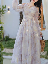 Load image into Gallery viewer, Vintage 1970s Floral Print Lavender Chiffon Ruffled Off-Shoulder Long Sleeve Maxi Dress