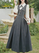 Load image into Gallery viewer, Grey Classic Shirt with Bow Tie and Gray V-Neck Rose Flower Jumper Fake Two-Piece Dress