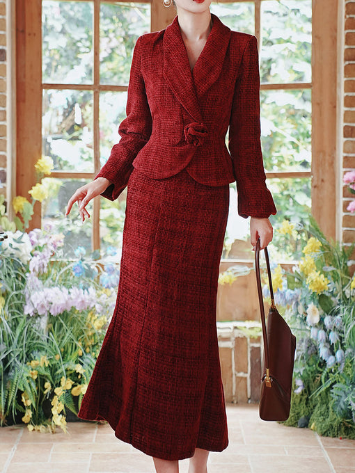 Warm Christmas Red Tweed Blazer and Skirt Set