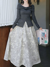 Load image into Gallery viewer, Gray Off Shoulder Slit Knit Top and Floral Jacquard Maxi Skirt Set