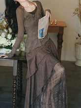 Load image into Gallery viewer, 1950S Vintage Brown Rose Top and Irregular lace Swing Skirt Set