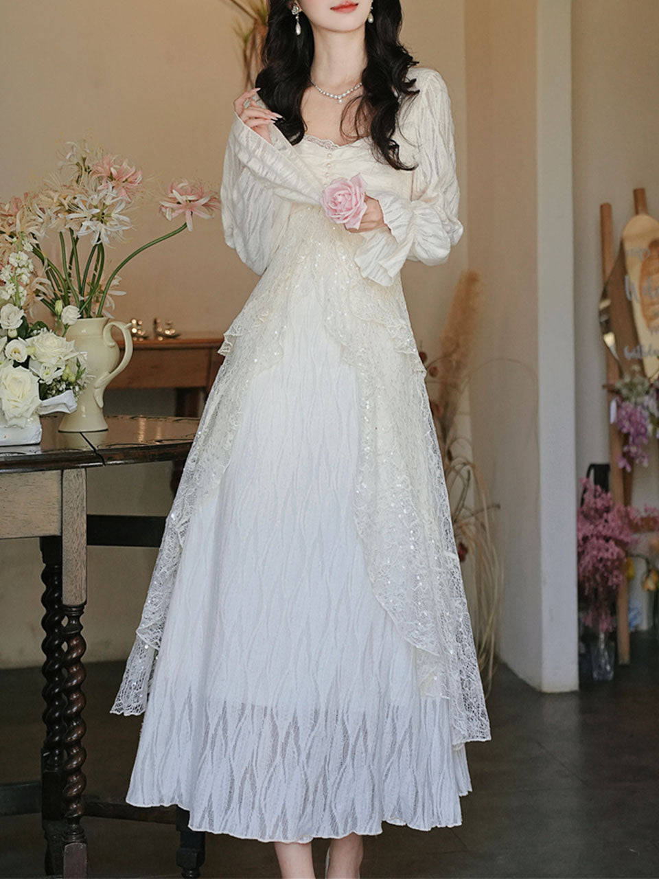 White Lace Ruffle Long Sleeve Sequined Vintage Dress, White / M White Lace Ruffle Long Sleeve Sequined Vintage Dress, White / M
