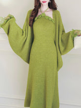 Load image into Gallery viewer, Vintage 1950s Green Knit Handmade Rose Collar Halter Dress Set Matching Shawl