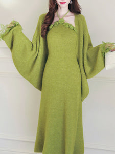 Vintage 1950s Green Knit Handmade Rose Collar Halter Dress Set Matching Shawl