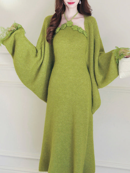 Vintage 1950s Green Knit Handmade Rose Collar Halter Dress Set Matching Shawl