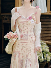 Load image into Gallery viewer, Pink Floral Print Spaghetti Strap Fishtail Flared Vintage Maxi Dress
