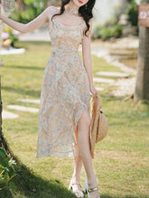Load image into Gallery viewer, 2PS Apricot Floral Printed Spaghetti Strap High-low Ruffled Hem Vintage Dress With Cardigan Suit