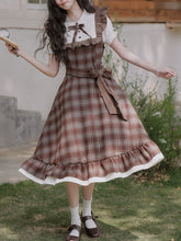 Load image into Gallery viewer, Brown Plaid Fake Two-Piece Short Sleeve Vintage Dress