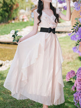 Load image into Gallery viewer, Pink Flowy Ruffle V-Neck Dress with Black Bow Belt