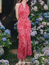 Load image into Gallery viewer, Red Rose Floral Halter Wrap Maxi Dress with High Slit