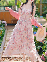 Load image into Gallery viewer, 2PS Pink Ruffles Floral Printed Spaghetti Strap Vintage Dress With Cardigan Suit