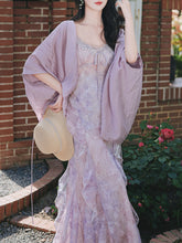 Load image into Gallery viewer, 2PS Purple Ruffles Floral Printed Spaghetti Strap Vintage Dress With Cardigan Suit