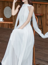 Load image into Gallery viewer, Audrey Hepburn style White Halter Neck Muse Maxi Dress with Long Flowing Scarf