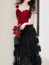 Load image into Gallery viewer, Gothic Red Corset Tiered Tulle Maxi Dress  Rose Asymmetric Ruffle Dark Romantic Party Gown