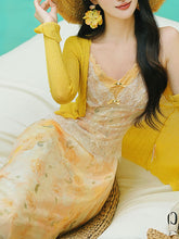 Load image into Gallery viewer, Romantic Yellow Floral Lace Tulle Maxi Dress and Knit Cardigan Set