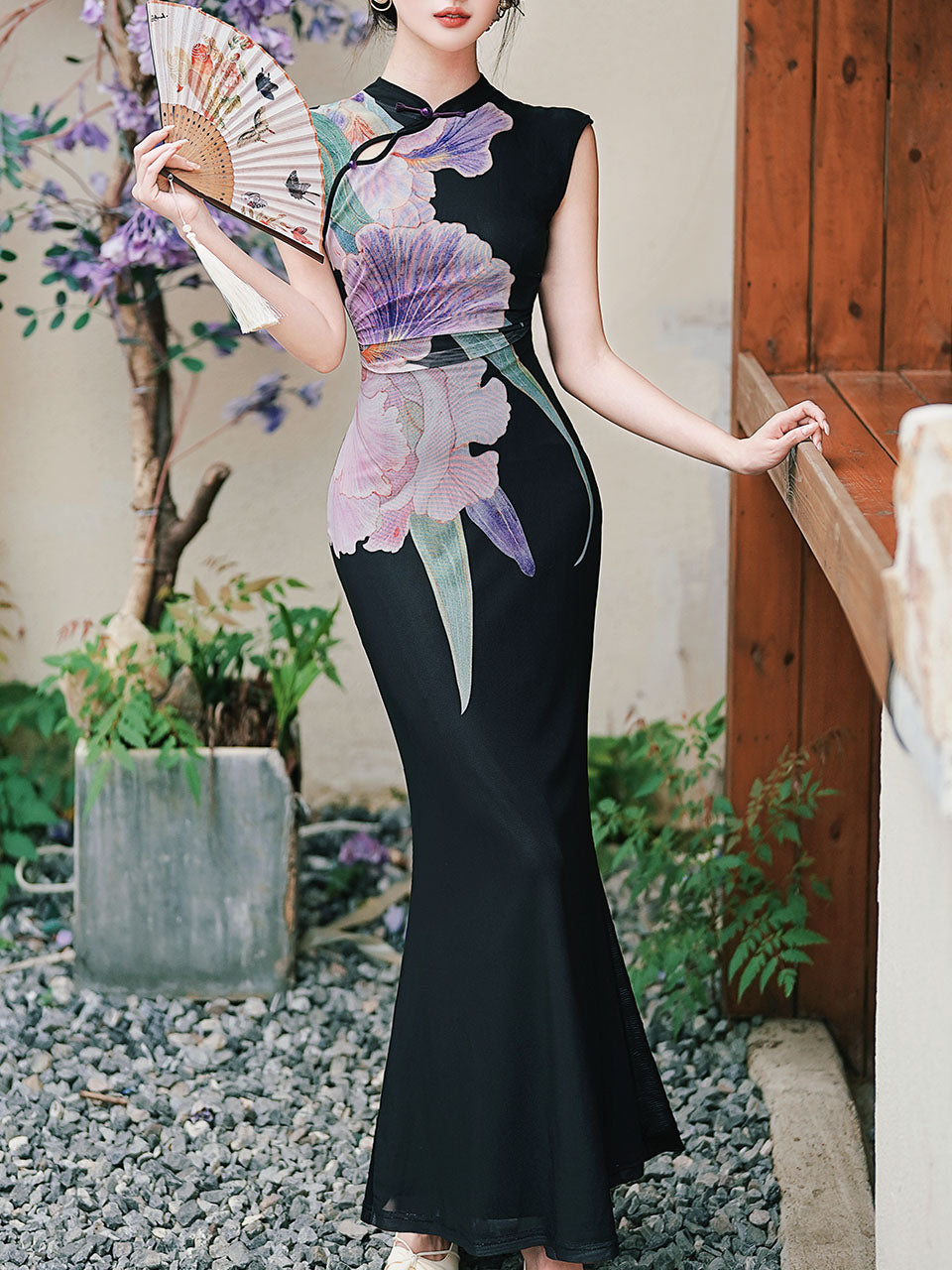 Vintage Black Cheongsam Floral Dress Qipao Cottagecore Vintage Maxi Dress, Black / M
