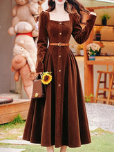 Load image into Gallery viewer, Vintage Brown Velvet Square Neck Puff Sleeve Button-Down Midi Dress