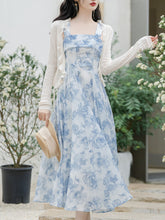 Load image into Gallery viewer, 2PS Blue Rose Spaghetti Strap 1950S Vintage Dress With Long Sleeve Cardigan