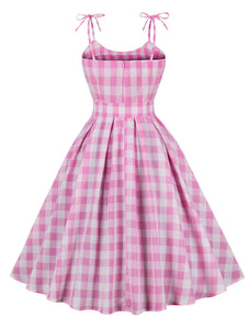 Pink And White Plaid Spaghetti Strap Barbie 1950S Vintage Dress