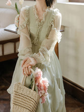 Load image into Gallery viewer, Mint Green Ruffled V-neck Flowing Long-sleeved Romantic Retro Tea Dress