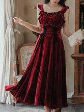 Load image into Gallery viewer, 2PS Wine Red Ruffles Velvet Shirt and Strap Dress Suit