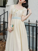 Load image into Gallery viewer, Apricot V Neck Floral Ruffles Princess Puff Sleeve Vintage Dress