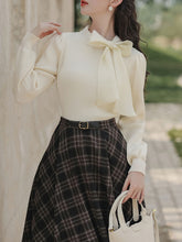 Load image into Gallery viewer, 2PS White Bow Knitted Sweater Top With Plaid Skirt Vintage 1950s Suits