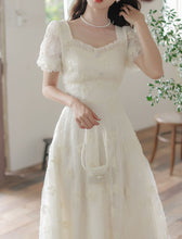 Load image into Gallery viewer, White Flower Sequined Puff Short Sleeve Princess Vintage Dress