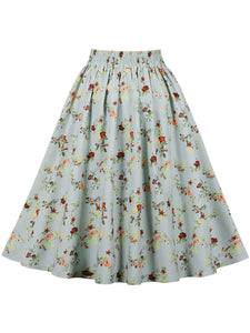 1950S Green Floral High Wasit Pleated Swing Vintage Skirt