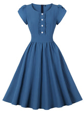 Load image into Gallery viewer, Blue Ruffles Crew Neck 1950S Vintage Swing Dress