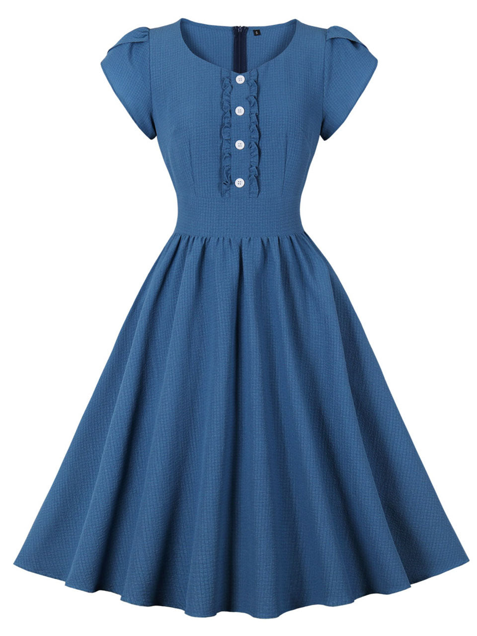 Blue Ruffles Crew Neck 1950S Vintage Swing Dress