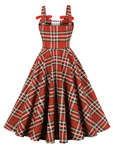 Red Plaid Lace-up Sleeveless 1950s Vintage Party Dress