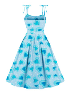 Sweet Love Heart Print  Spaghetti Strap 1950s Vintage Swing Dress