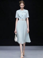Load image into Gallery viewer, 1950s Light Blue Bow Tie-Neck Pleated Swing Dress