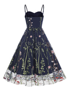 Wine Red Semi Mesh Flower Embroidered Spaghetti Strap Sleeveless 50S Swing Dress