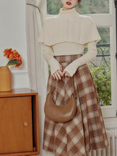 Load image into Gallery viewer, 3PS Apricot Sweater Cape And Pleated Plaid Swing Skirt 1950S Vintage Outfits