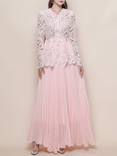 Load image into Gallery viewer, Baby Blue V Neck Long-Sleeve Lace Blouse with Flowy Chiffon Skirt Set