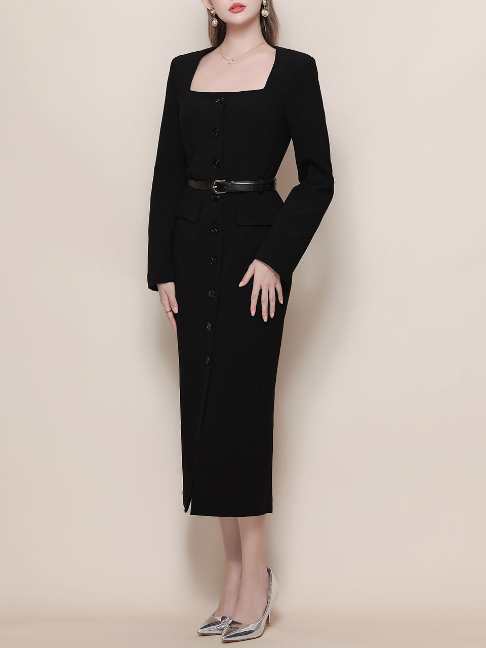 Black Square Collar Long Sleeve Bodycon 1960s Dress, Black / M Black Square Collar Long Sleeve Bodycon 1960s Dress, Black / M
