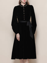 Load image into Gallery viewer, Black Mandarin Collar Velvet Retro Dress