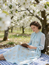 Load image into Gallery viewer, Gold Foil Butterfly Print Chiffon Blue Maxi Dress with Bow Neck